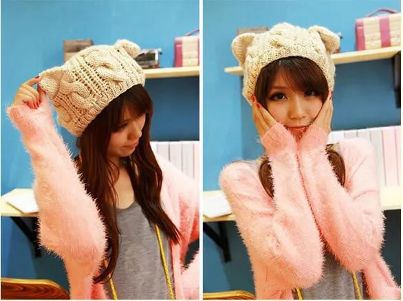 Cat ears cute hats for women brand knitting warm korean fashion hot selling lovely beanies winter knitted cap