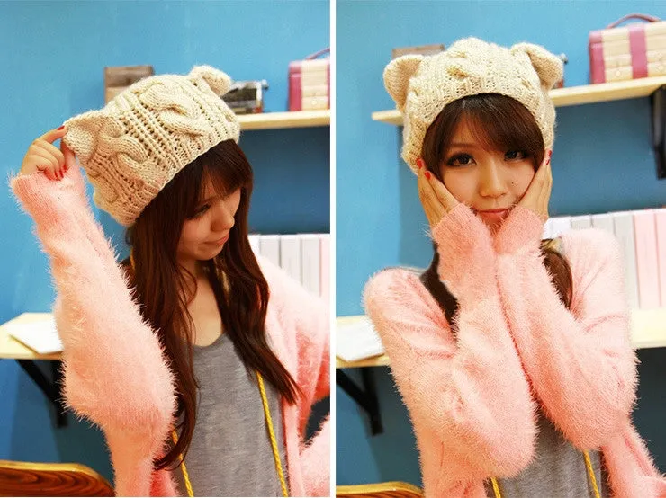 Cat ears cute hats for women brand knitting warm korean fashion hot selling lovely beanies winter knitted cap