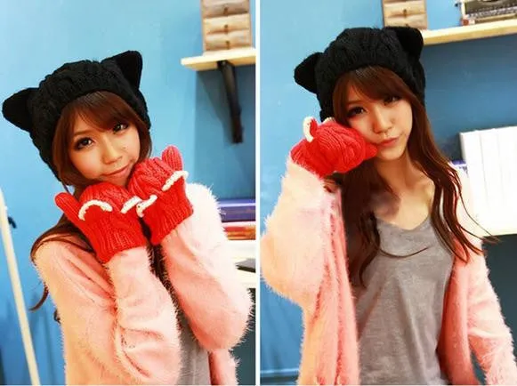 Cat ears cute hats for women brand knitting warm korean fashion hot selling lovely beanies winter knitted cap