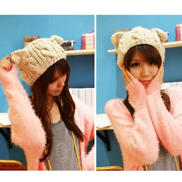 Cat ears cute hats for women brand knitting warm korean fashion hot selling lovely beanies winter knitted cap