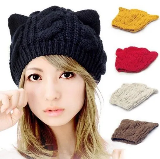 Cat ears cute hats for women brand knitting warm korean fashion hot selling lovely beanies winter knitted cap