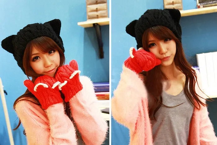 Cat ears cute hats for women brand knitting warm korean fashion hot selling lovely beanies winter knitted cap