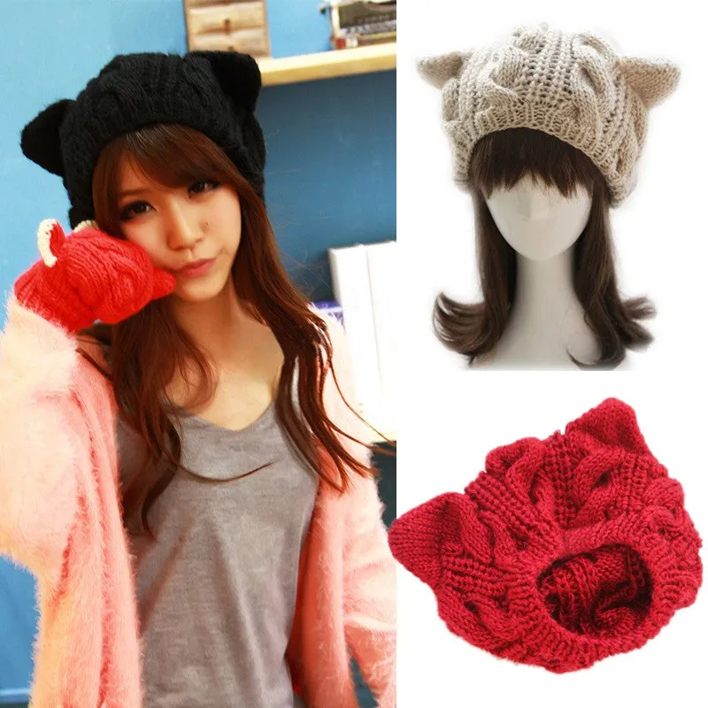 Cat ears cute hats for women brand knitting warm korean fashion hot selling lovely beanies winter knitted cap