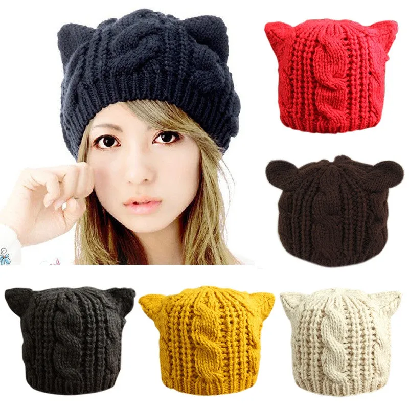 Cat ears cute hats for women brand knitting warm korean fashion hot selling lovely beanies winter knitted cap