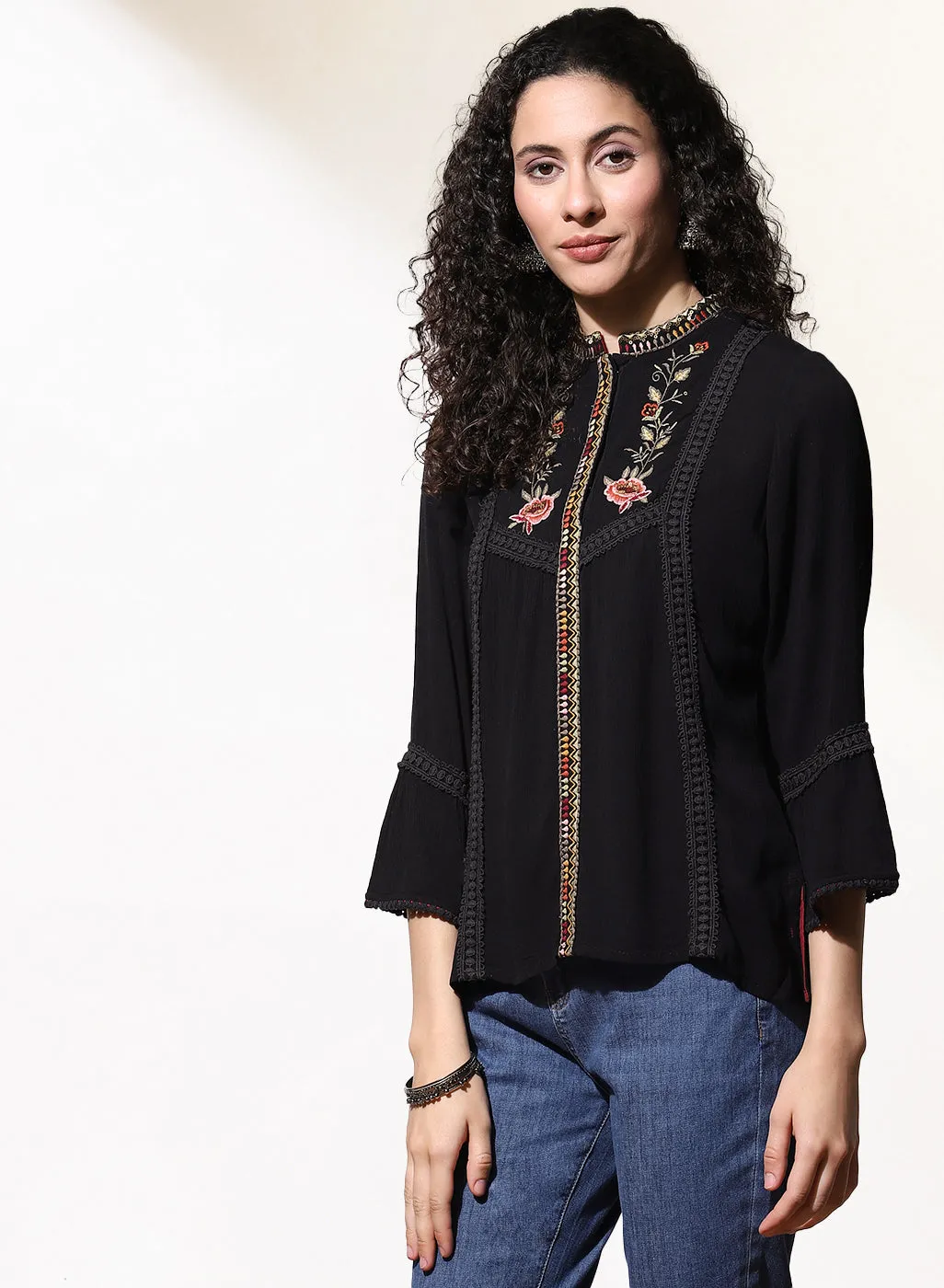 Charcoal Black Floral Embroidered Nargis Tunic