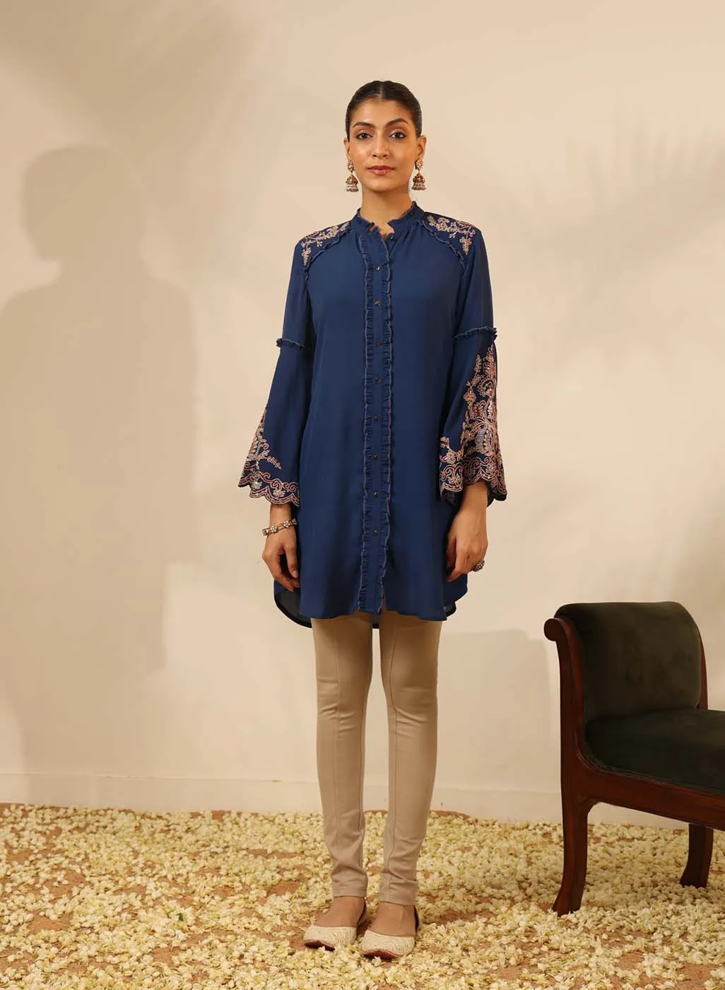 Cobalt Blue Embroidered Tunic with Button Detailing