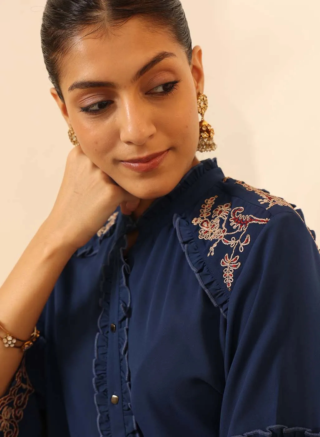 Cobalt Blue Embroidered Tunic with Button Detailing