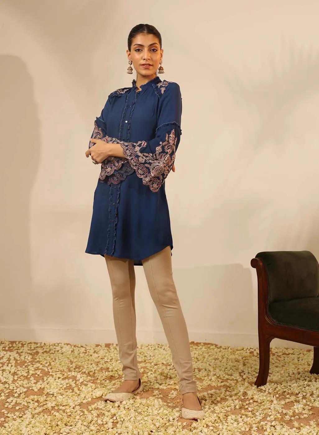 Cobalt Blue Embroidered Tunic with Button Detailing