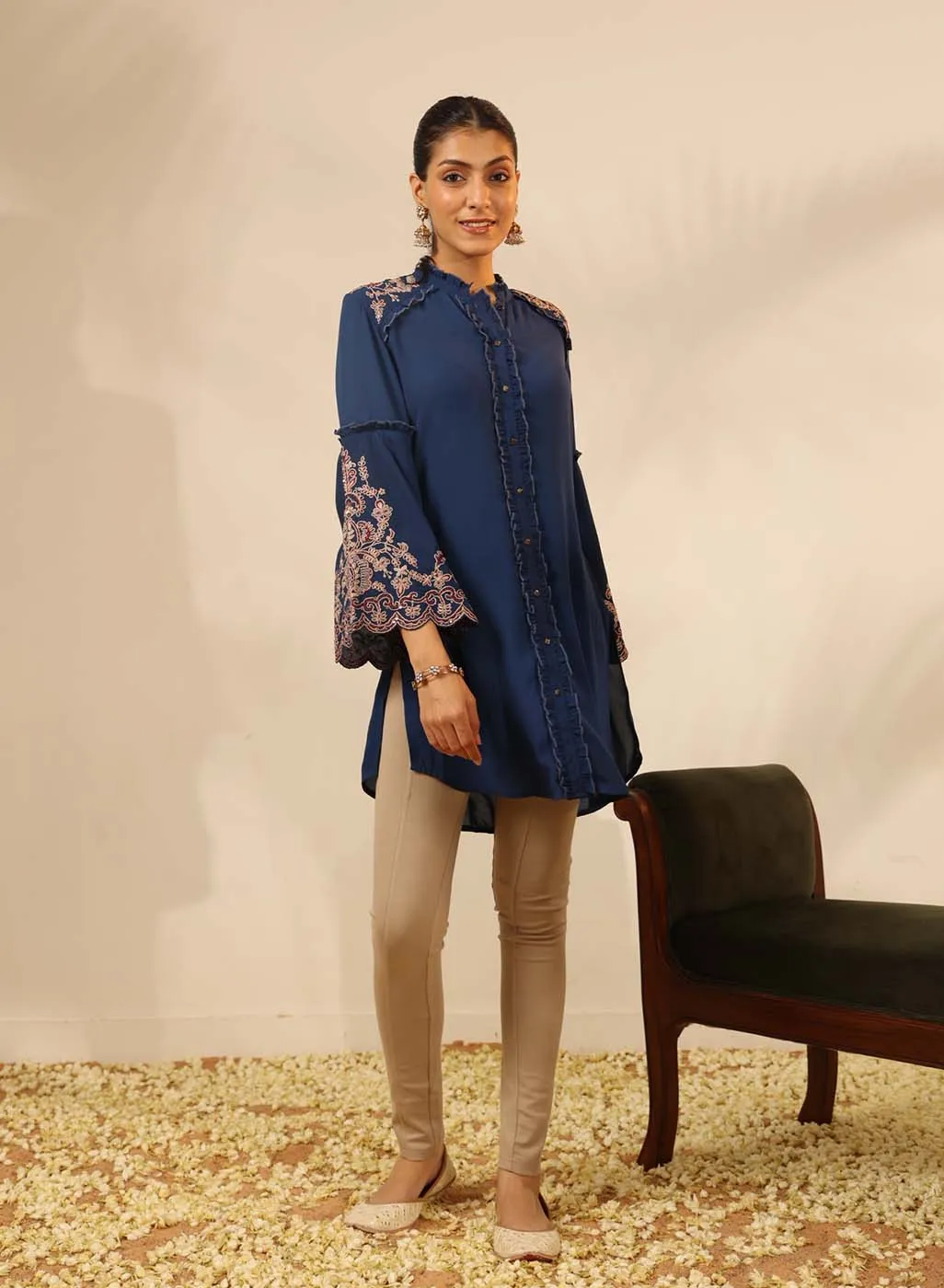 Cobalt Blue Embroidered Tunic with Button Detailing