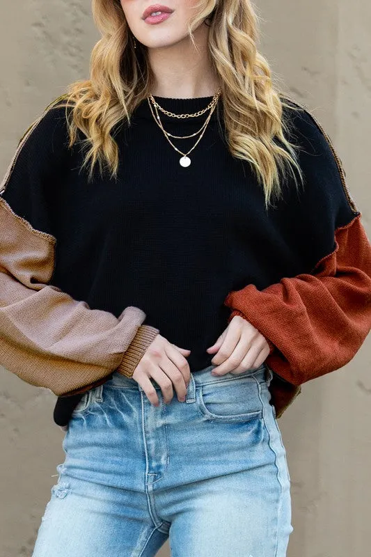 Color block cotton knit sweater cropped balloon