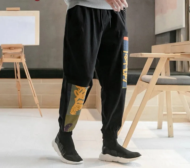 Cotton Linen Drawstring Streetwear in Chinese Art Patched Design Men Pants