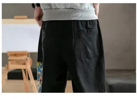 Cotton Linen Drawstring Streetwear in Chinese Art Patched Design Men Pants