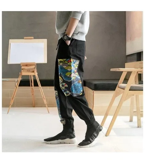 Cotton Linen Drawstring Streetwear in Chinese Art Patched Design Men Pants