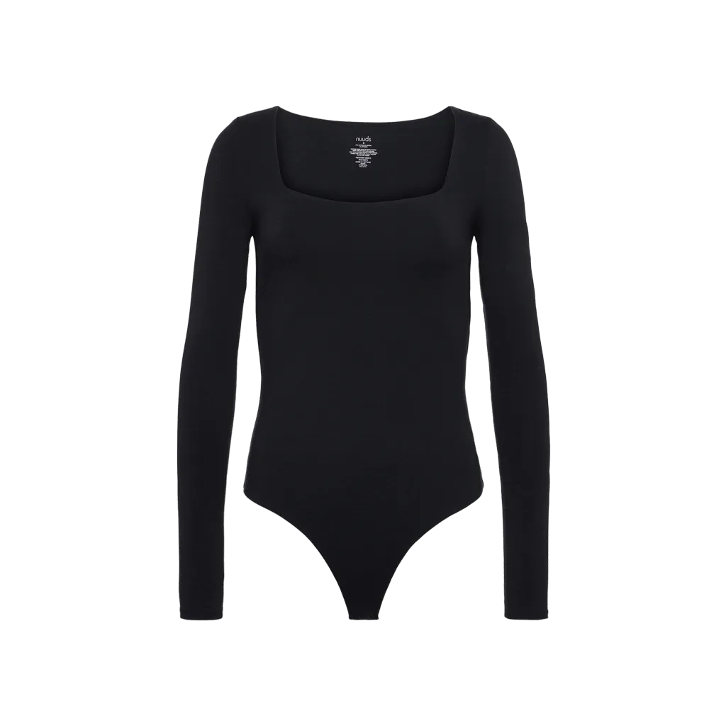 Cotton Stretch Long Sleeve Square Neck Bodysuit | Black