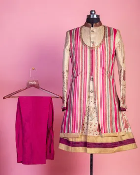 Cream Printed Kurta with Over Coat and Pyjama for Groom