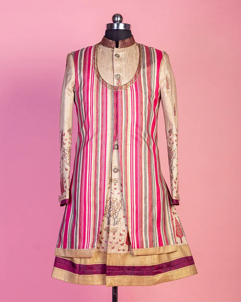 Cream Printed Kurta with Over Coat and Pyjama for Groom