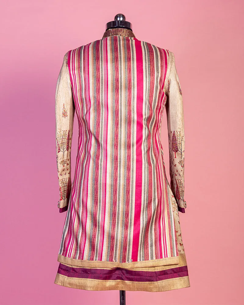 Cream Printed Kurta with Over Coat and Pyjama for Groom