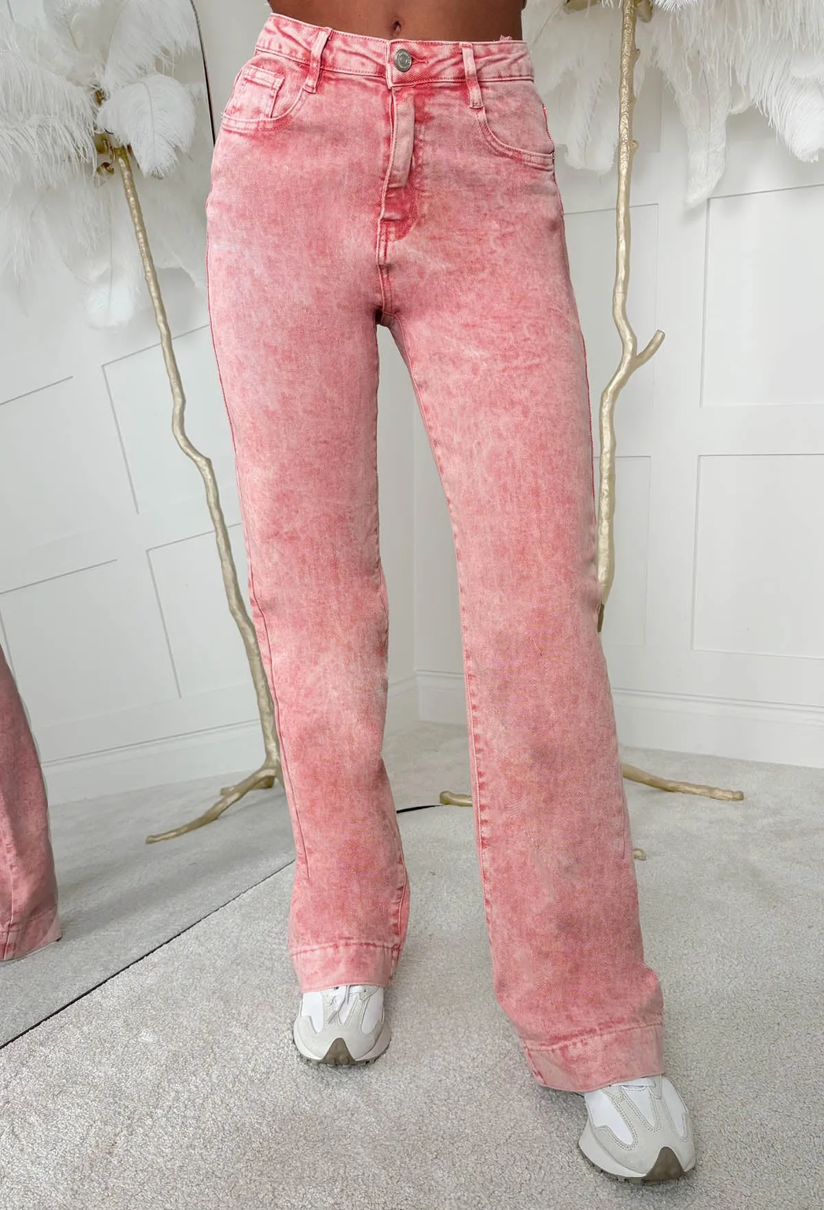 Denim Design Pink Stretch Wide Leg Washed Jeans