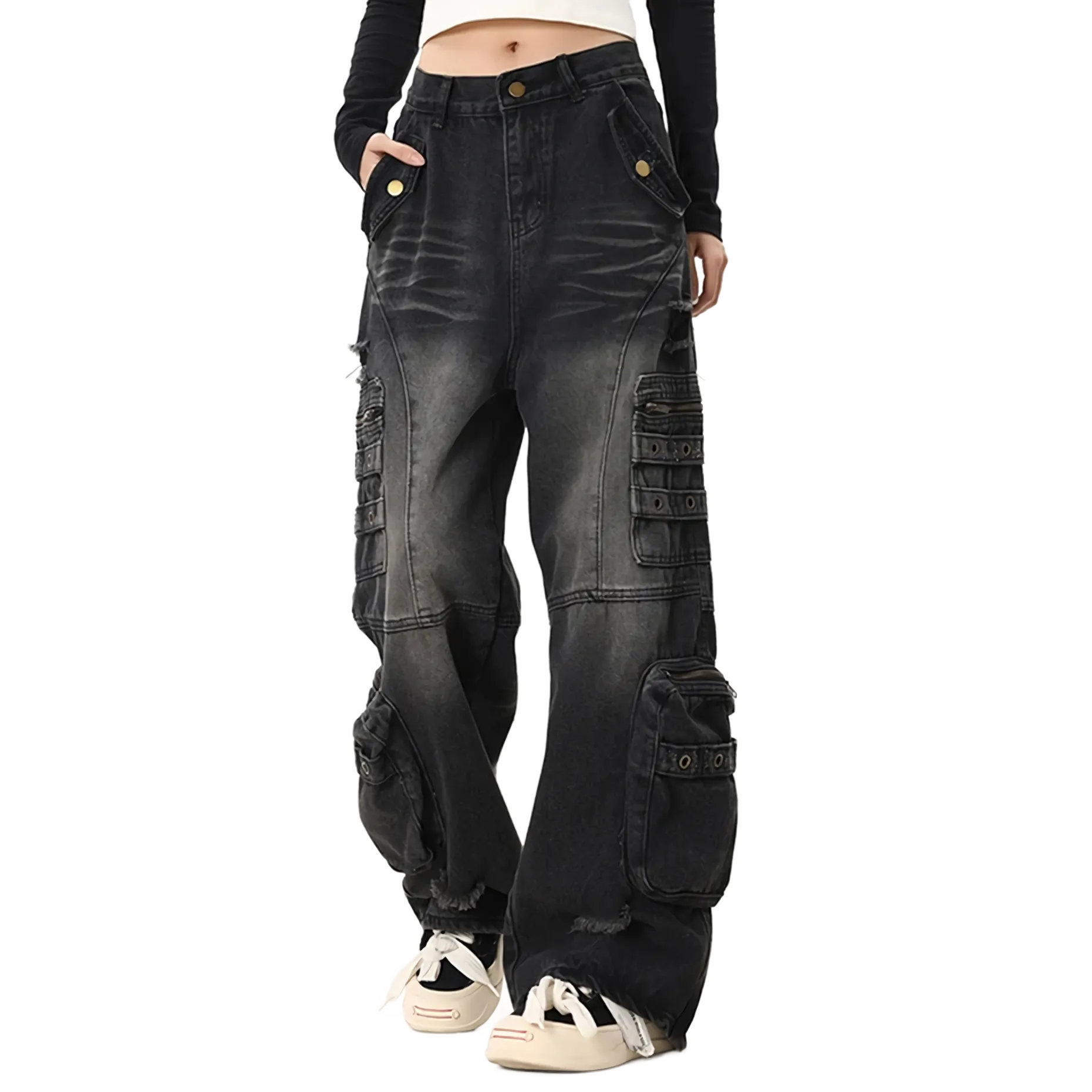 Distressed Black Cargo Denim Jeans - Edgy Streetwear Pants