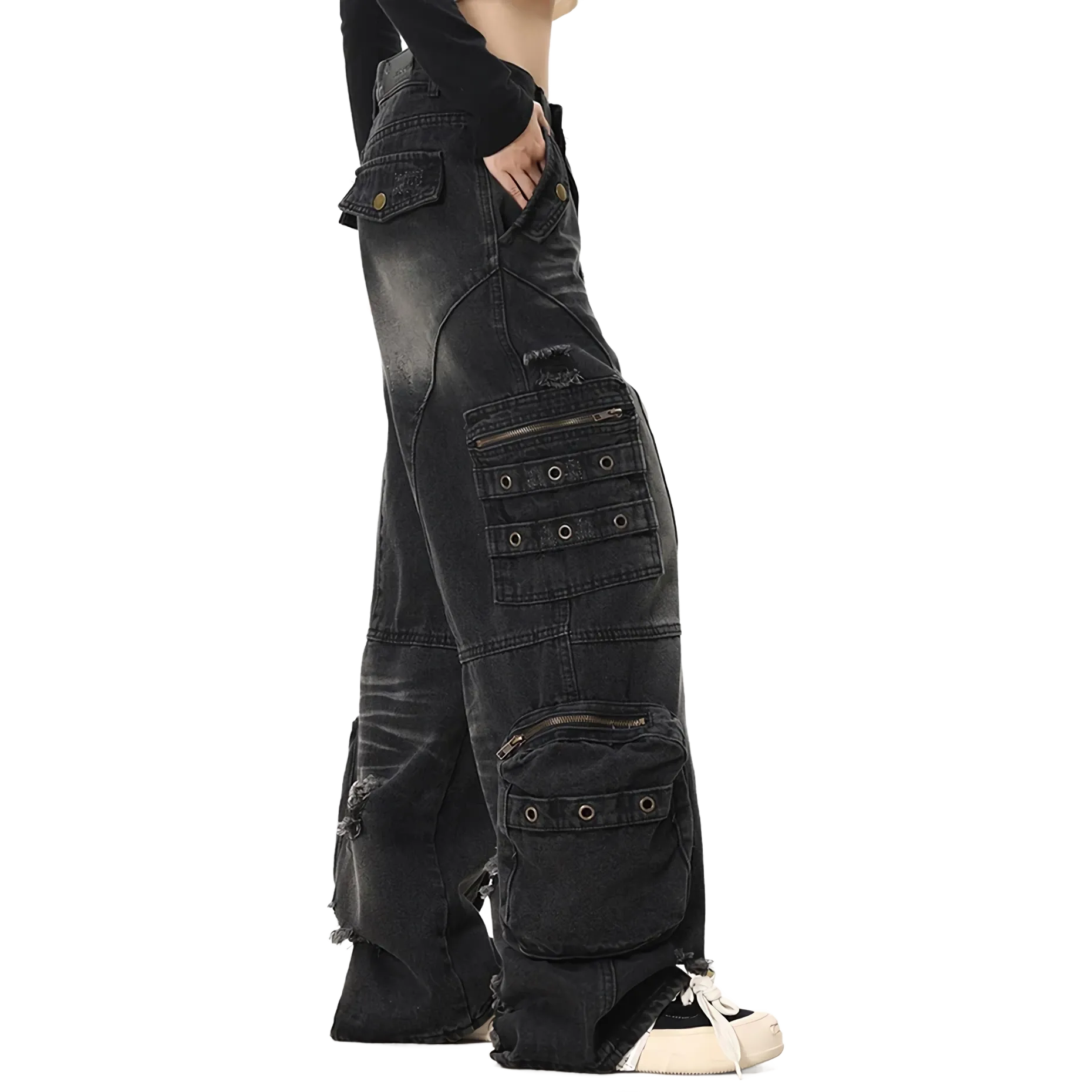 Distressed Black Cargo Denim Jeans - Edgy Streetwear Pants