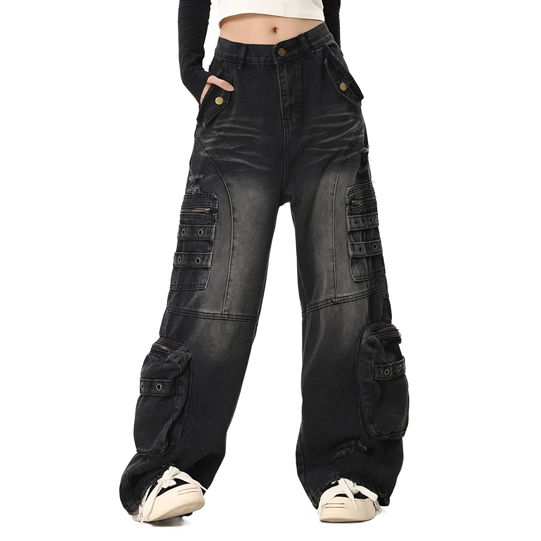 Distressed Black Cargo Denim Jeans - Edgy Streetwear Pants