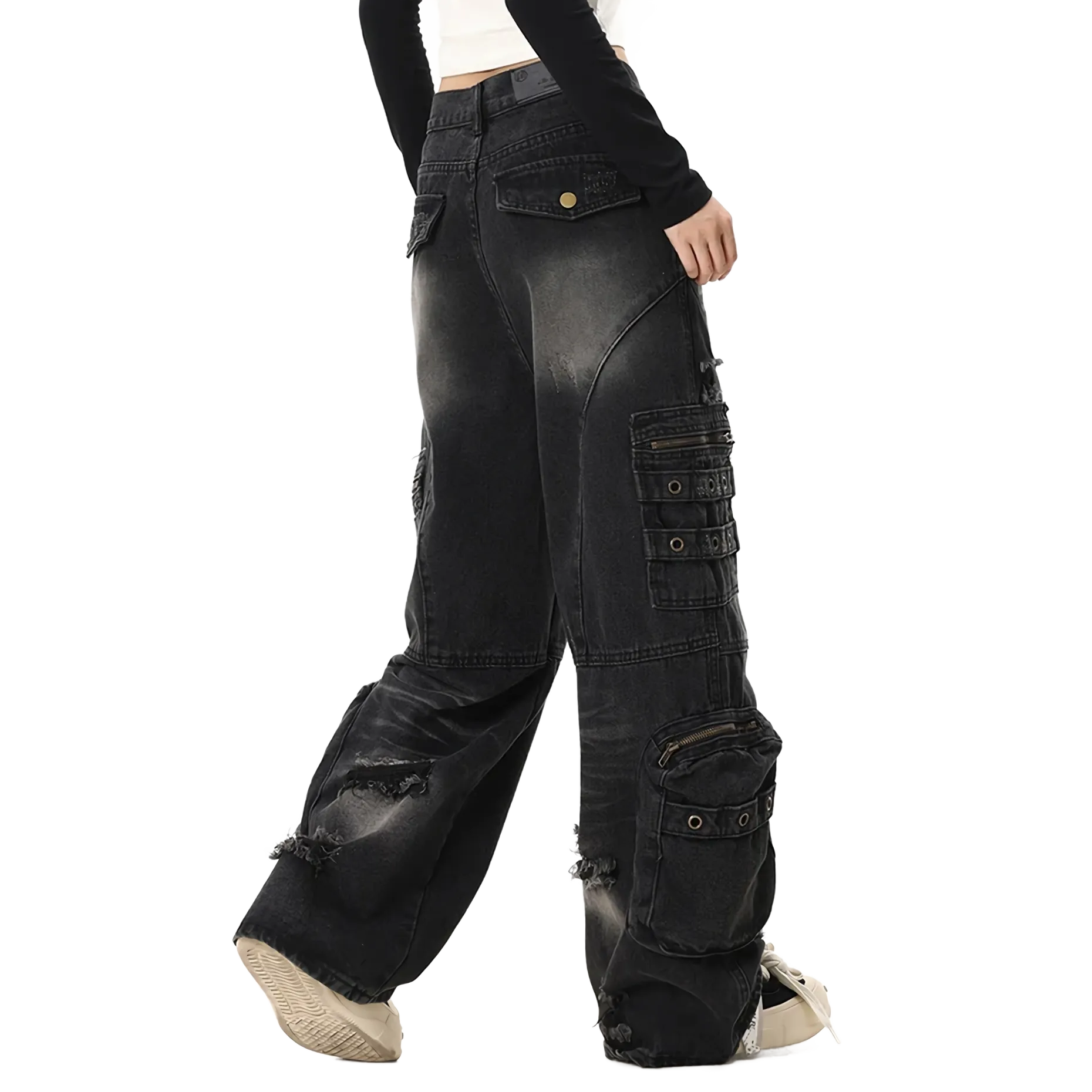 Distressed Black Cargo Denim Jeans - Edgy Streetwear Pants