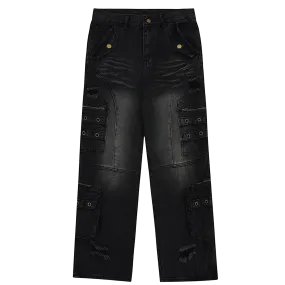 Distressed Black Cargo Denim Jeans - Edgy Streetwear Pants