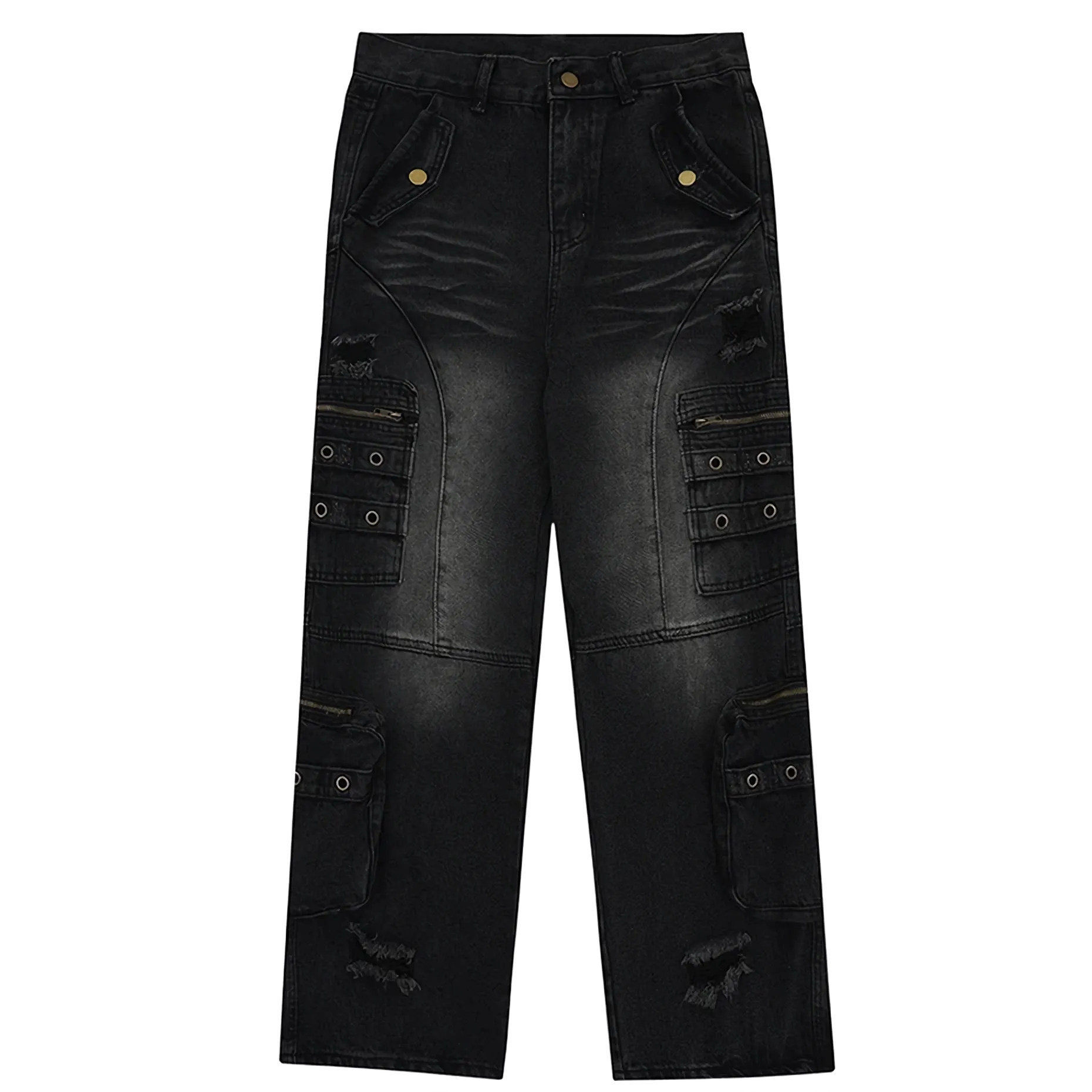 Distressed Black Cargo Denim Jeans - Edgy Streetwear Pants