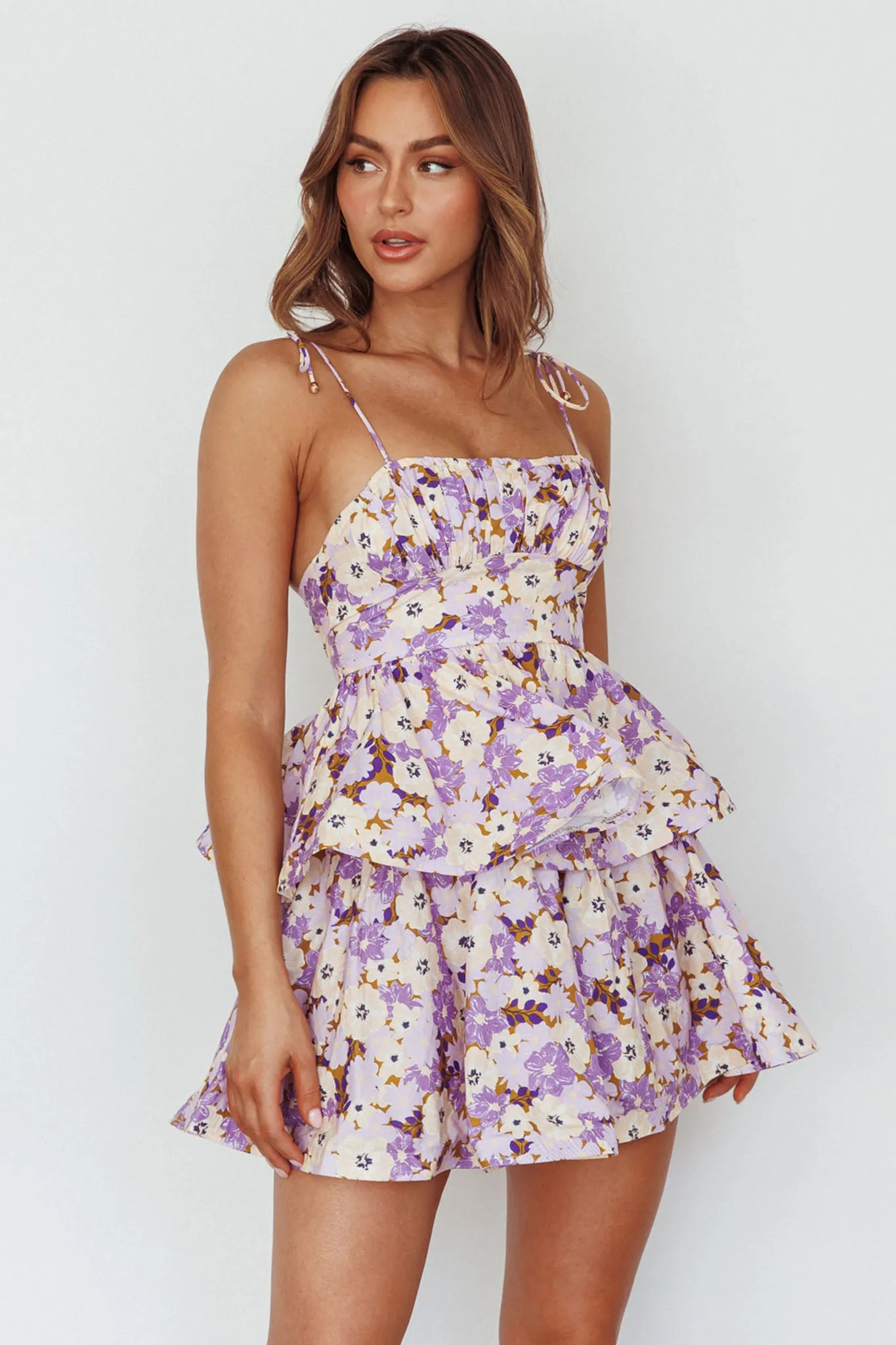 Dodi Tied Shoulder Layered Mini Dress Floral Purple