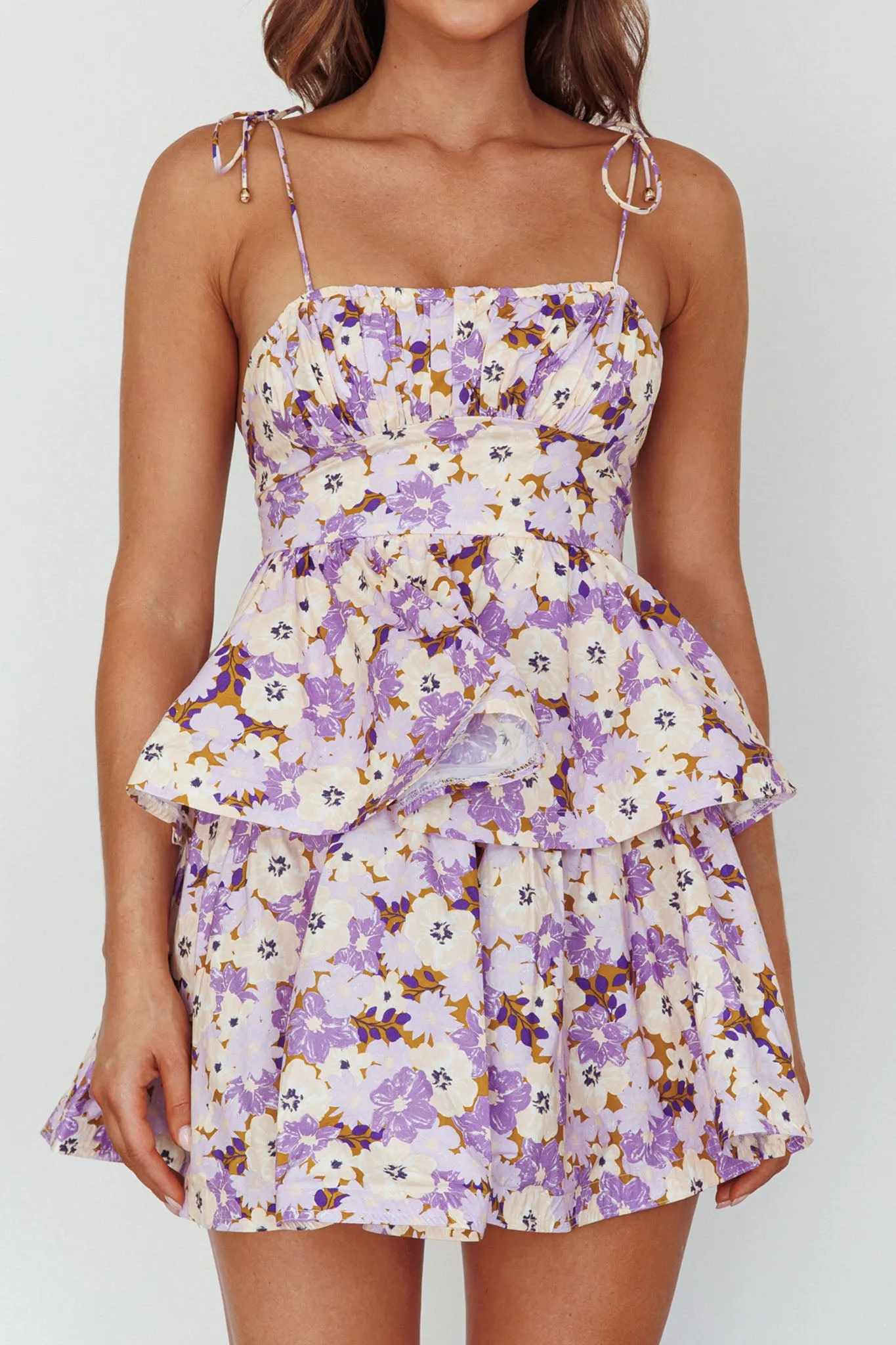 Dodi Tied Shoulder Layered Mini Dress Floral Purple