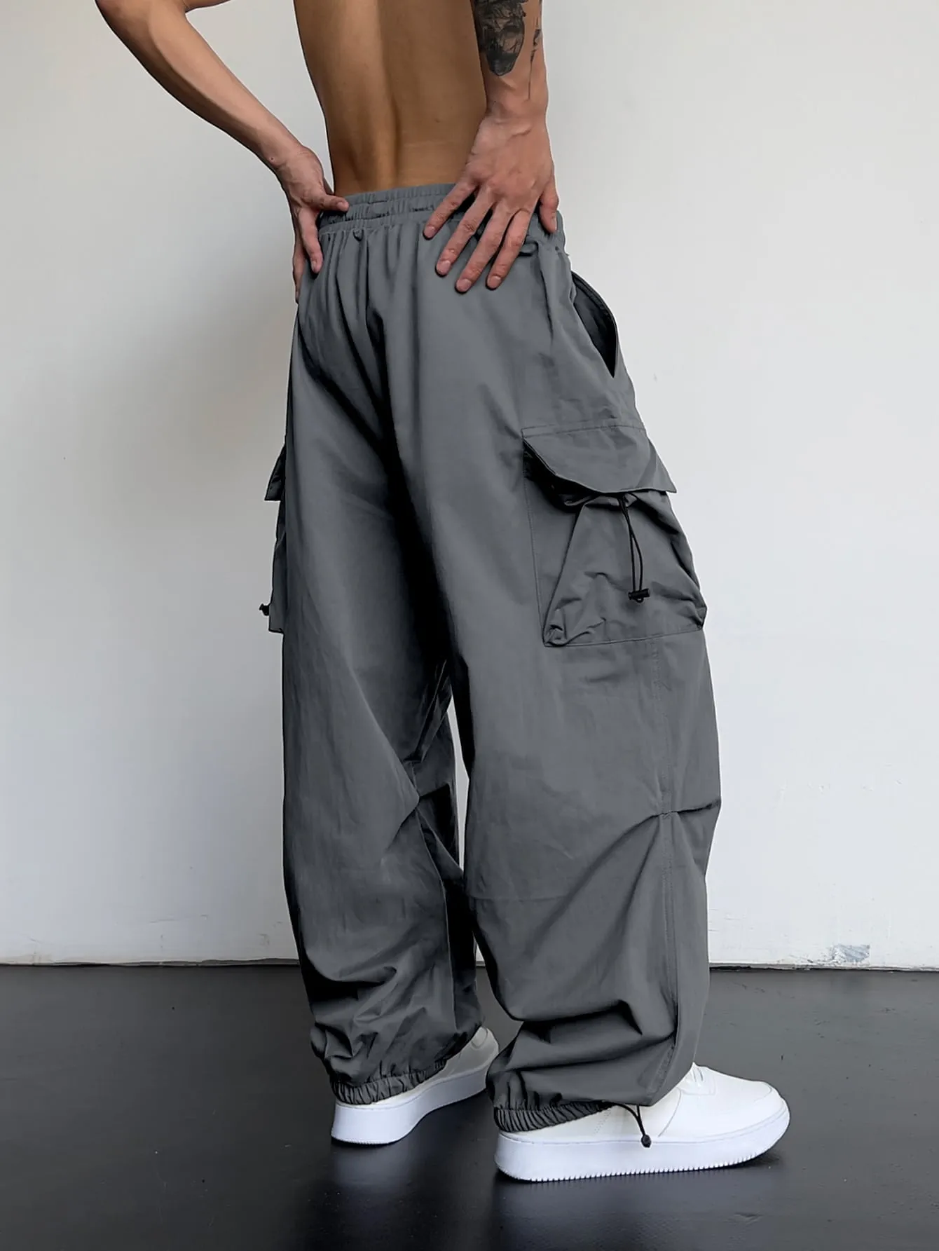 Drawstring Waist Flap Parachute Cargo Trousers