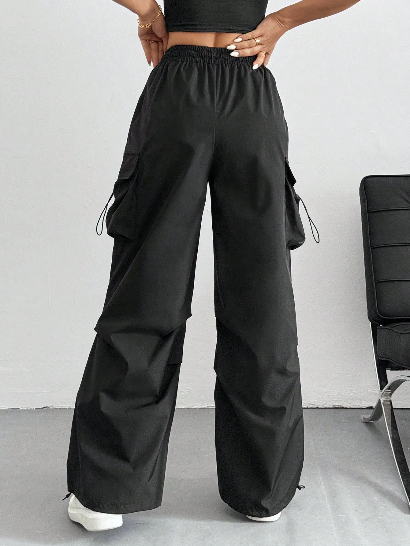 Drawstring Waist Flap Parachute Cargo Trousers