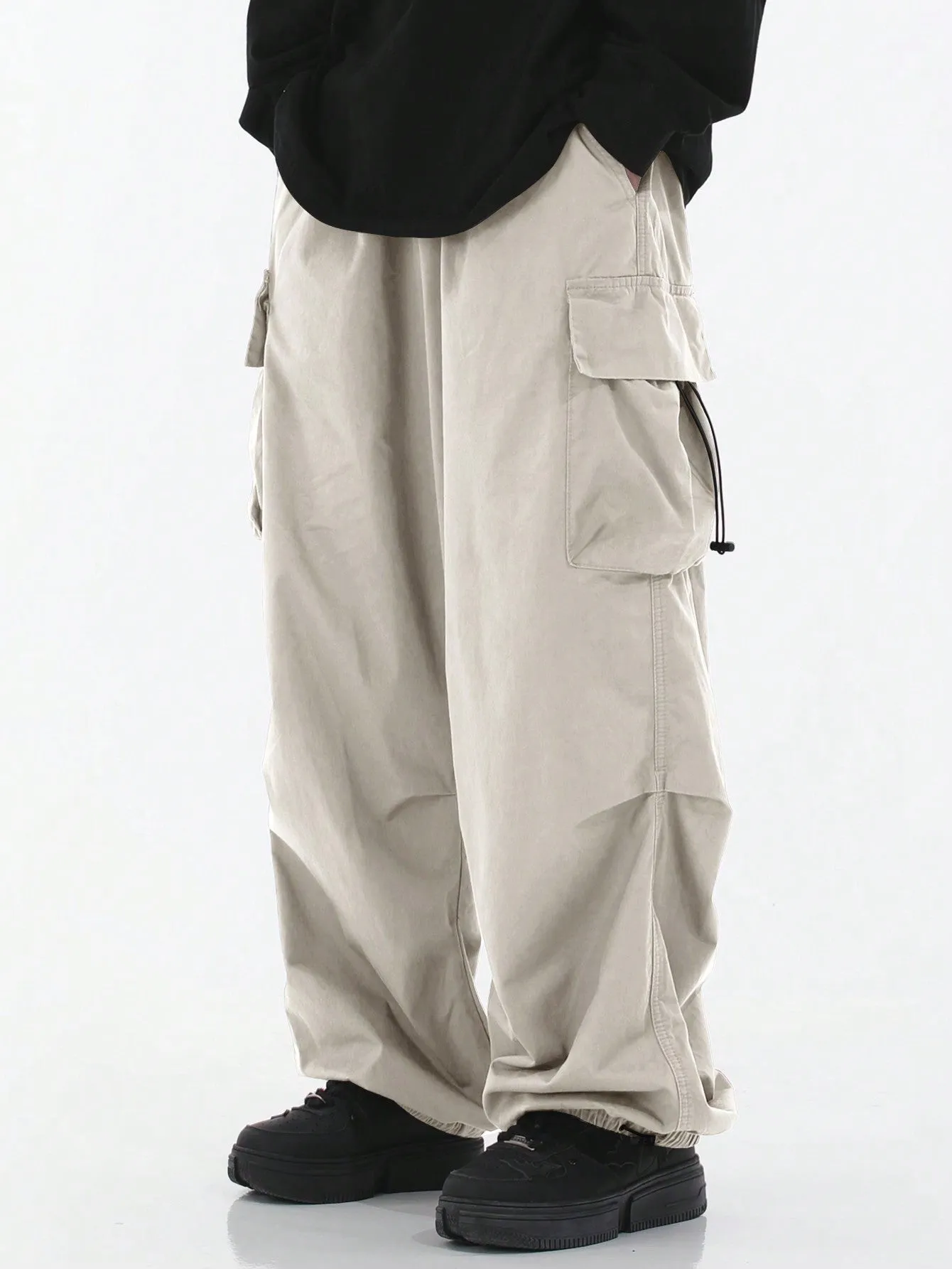 Drawstring Waist Flap Parachute Cargo Trousers