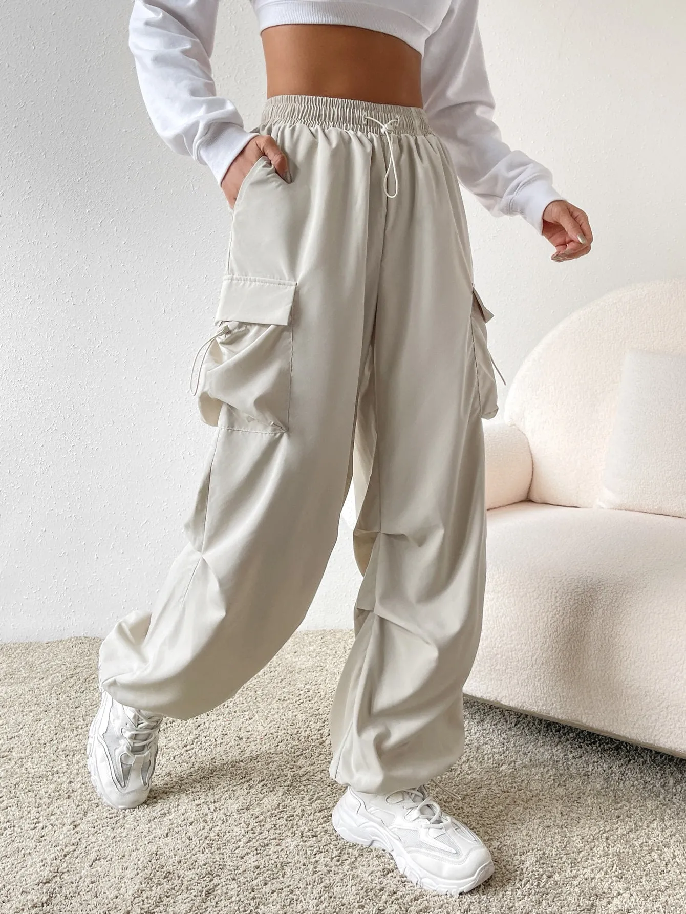 Drawstring Waist Flap Parachute Cargo Trousers