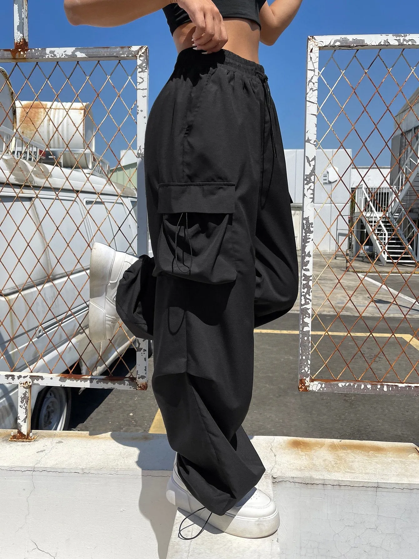 Drawstring Waist Flap Parachute Cargo Trousers