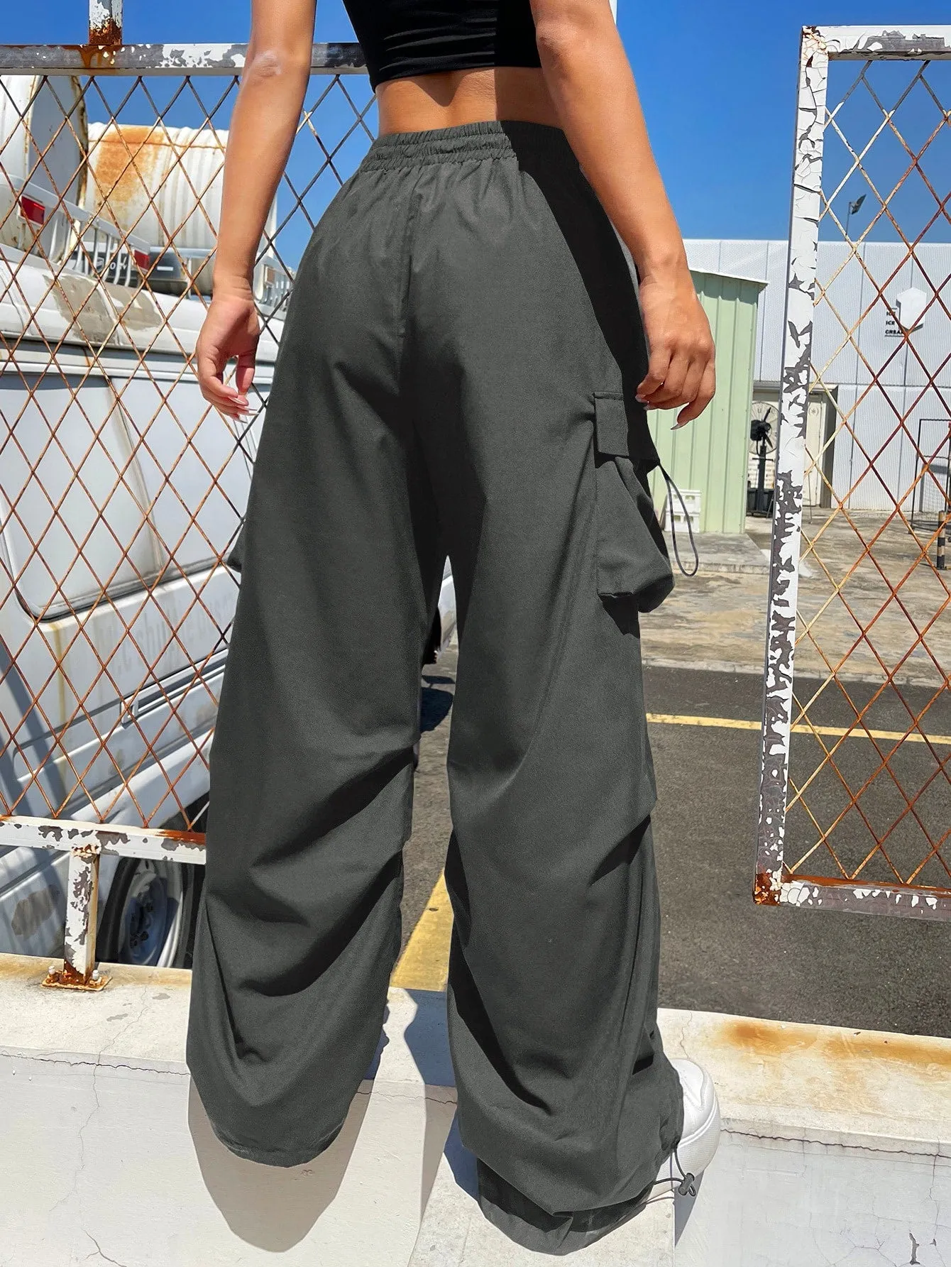 Drawstring Waist Flap Parachute Cargo Trousers