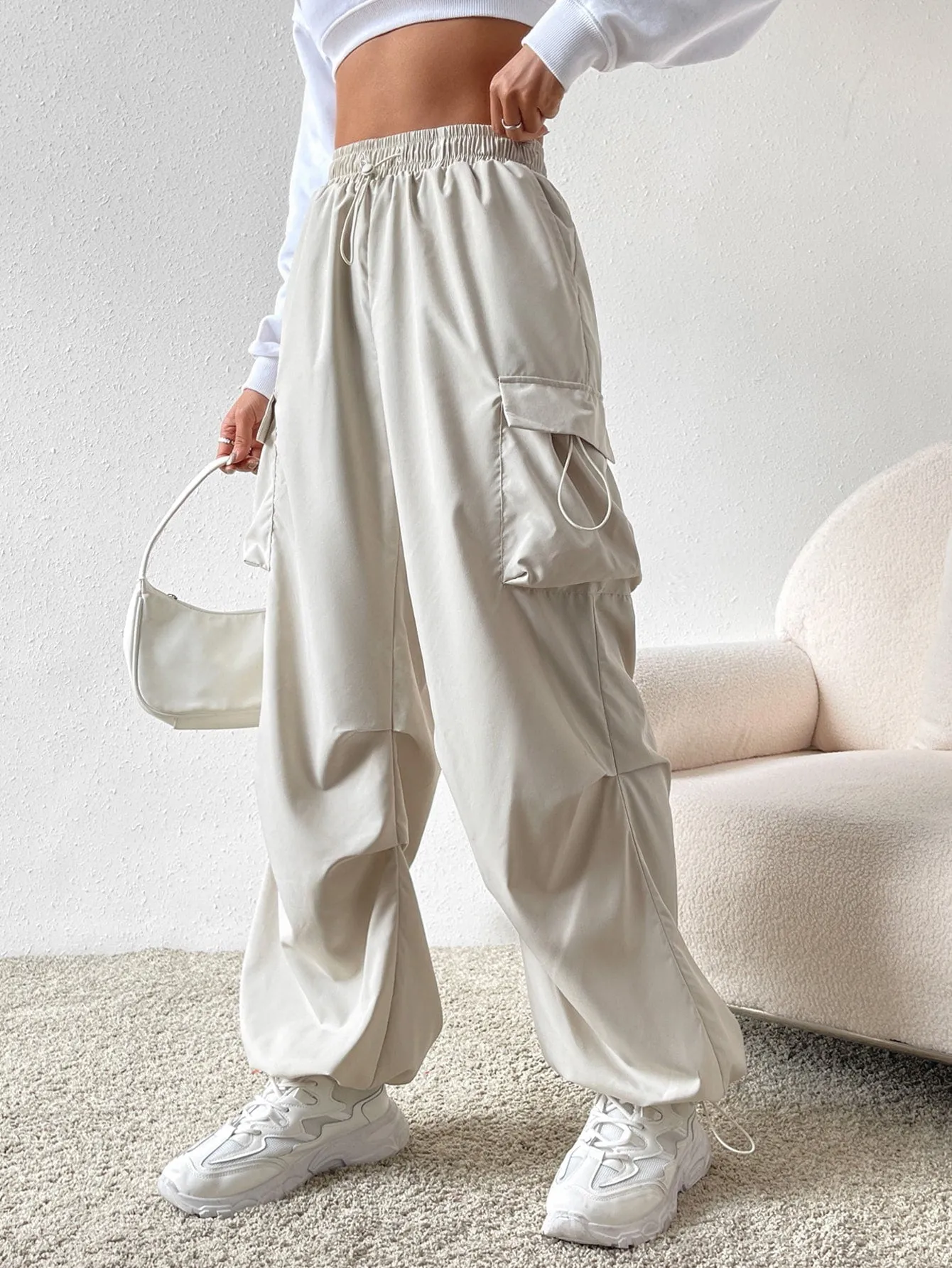 Drawstring Waist Flap Parachute Cargo Trousers