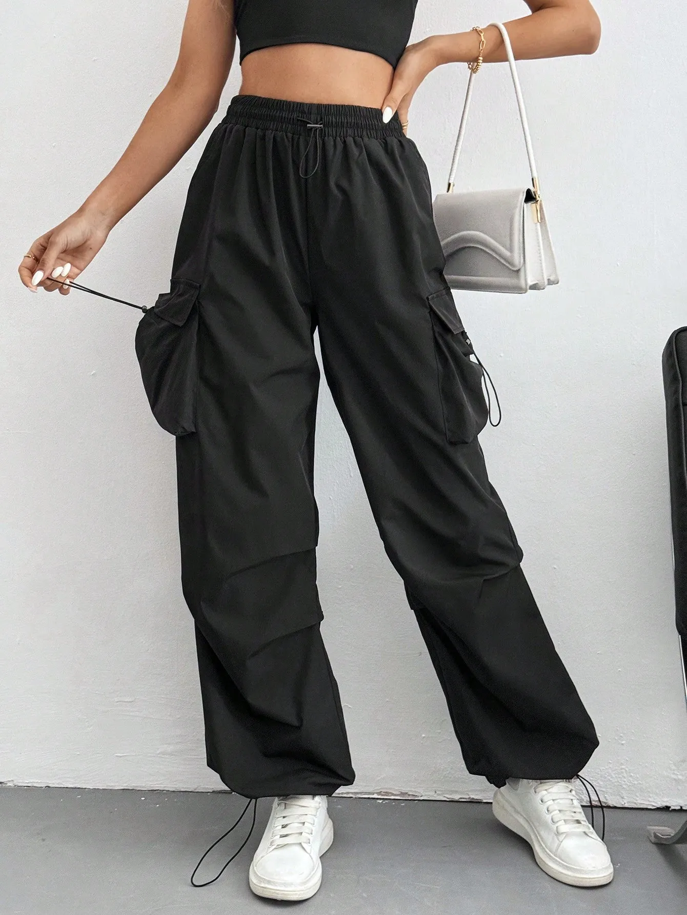 Drawstring Waist Flap Parachute Cargo Trousers