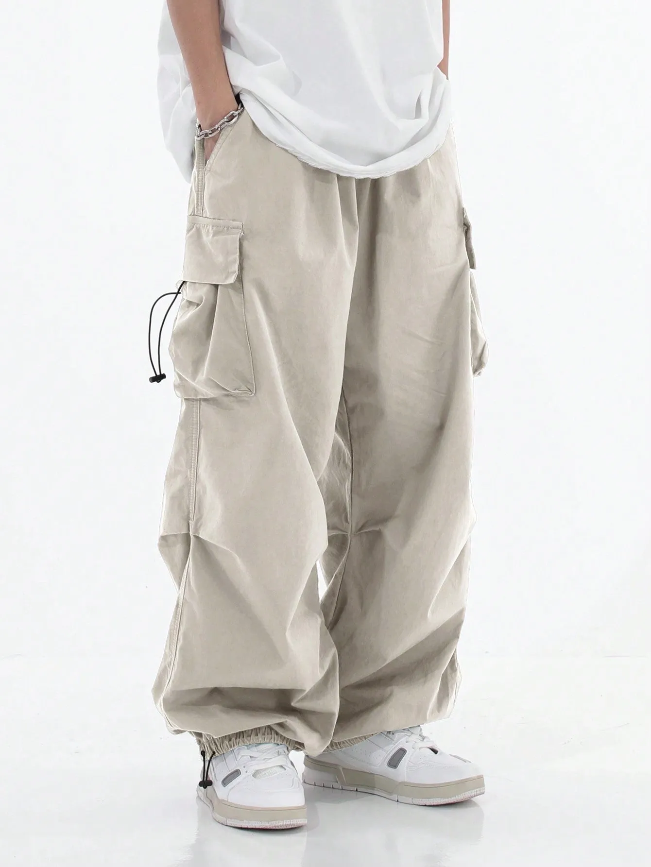 Drawstring Waist Flap Parachute Cargo Trousers