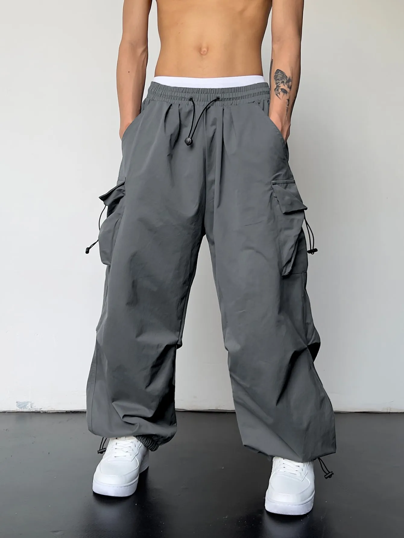 Drawstring Waist Flap Parachute Cargo Trousers