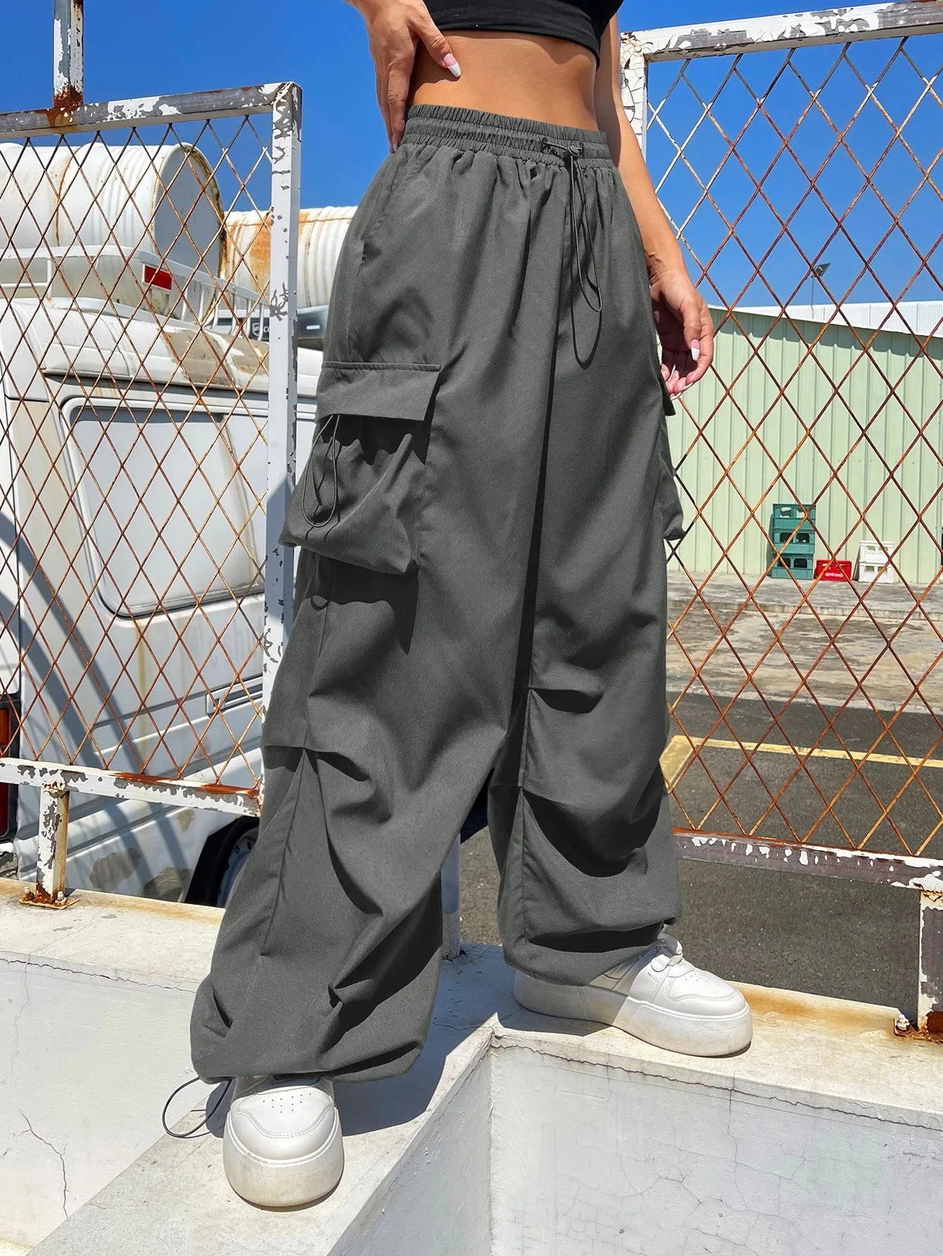 Drawstring Waist Flap Parachute Cargo Trousers