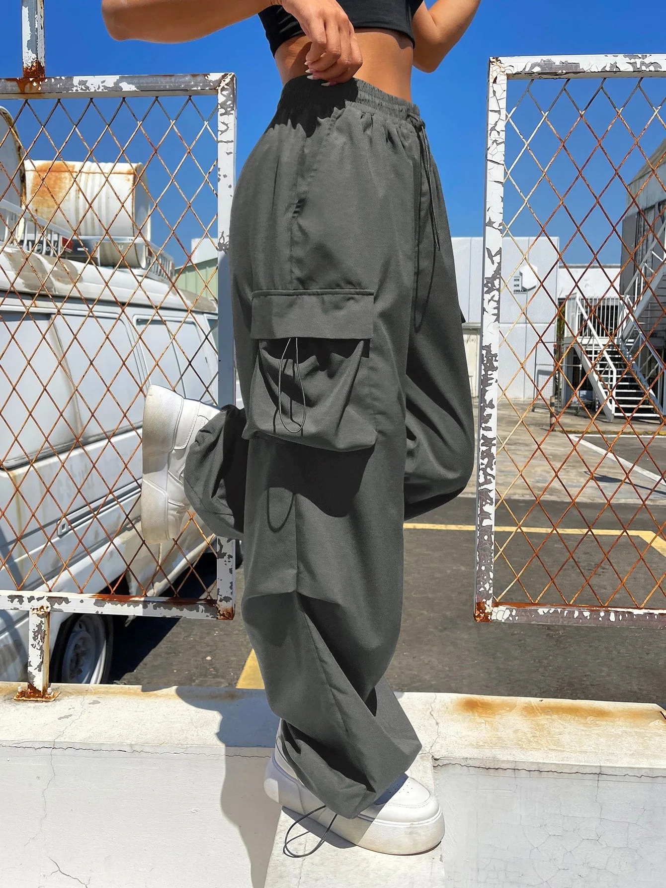 Drawstring Waist Flap Parachute Cargo Trousers