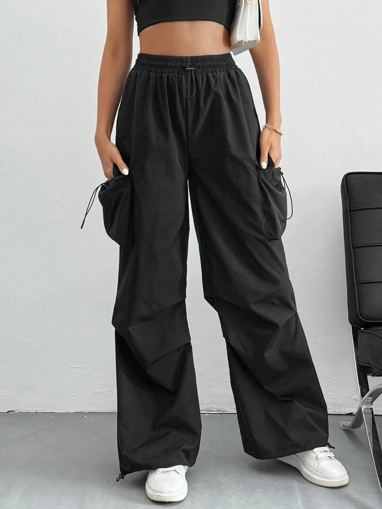 Drawstring Waist Flap Parachute Cargo Trousers