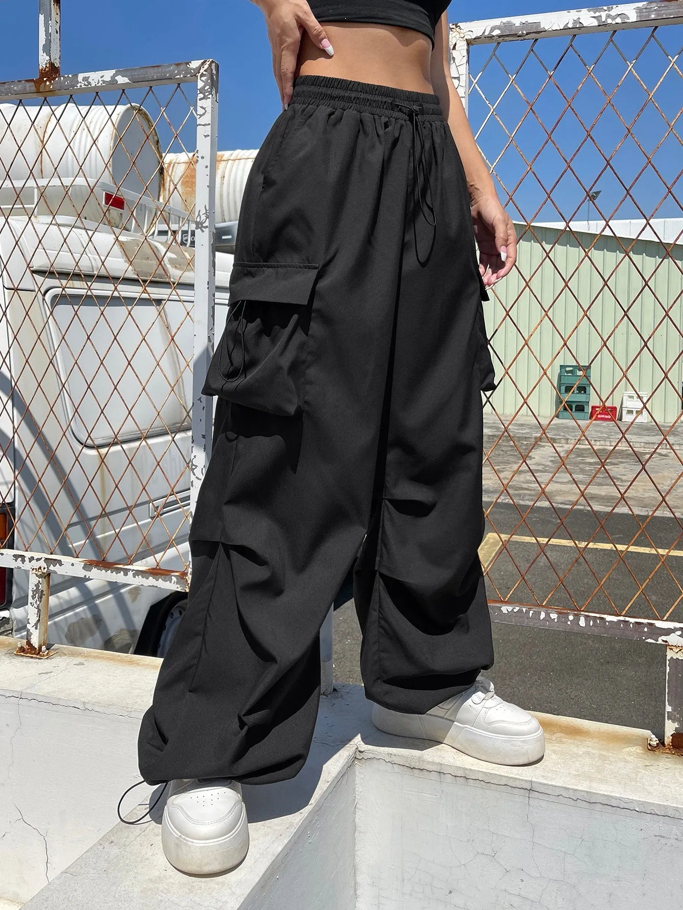 Drawstring Waist Flap Parachute Cargo Trousers