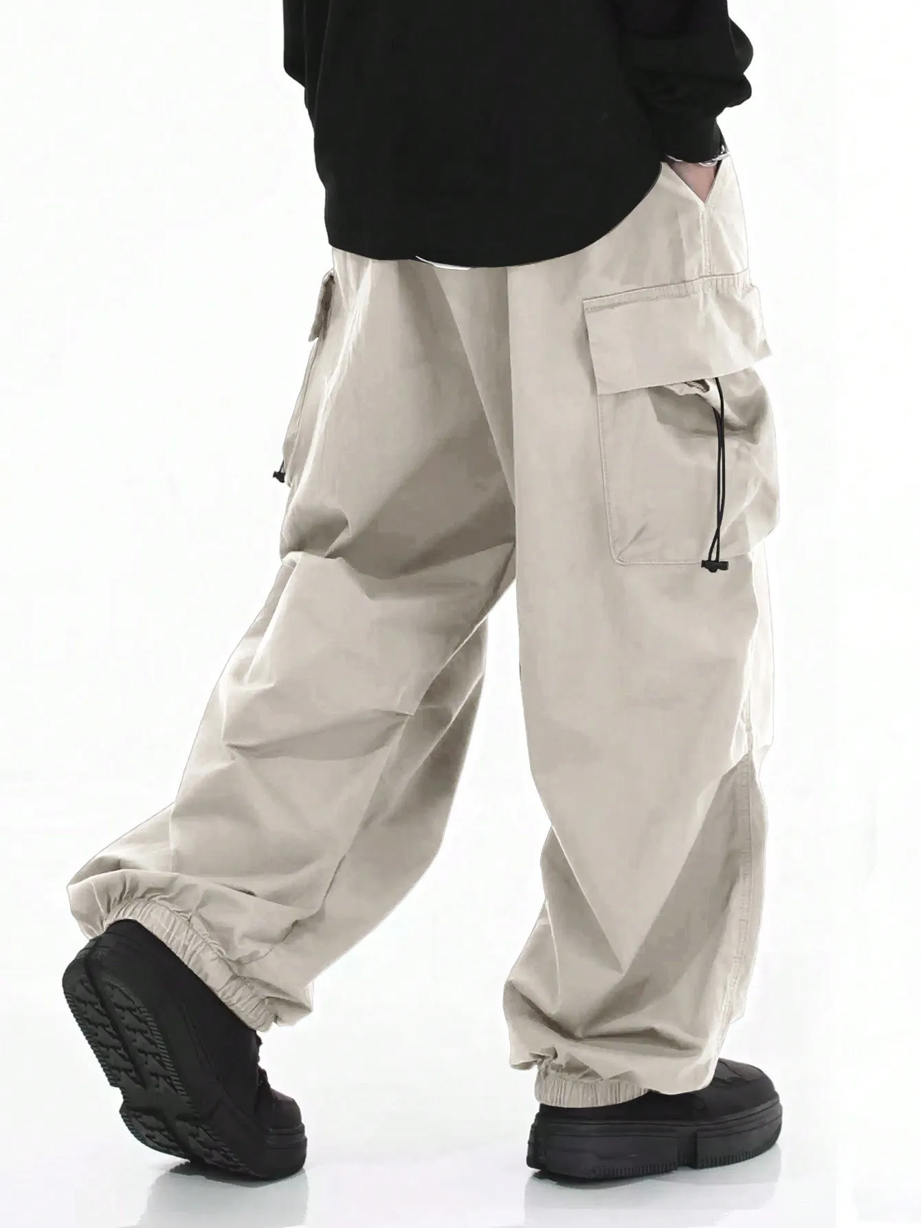 Drawstring Waist Flap Parachute Cargo Trousers