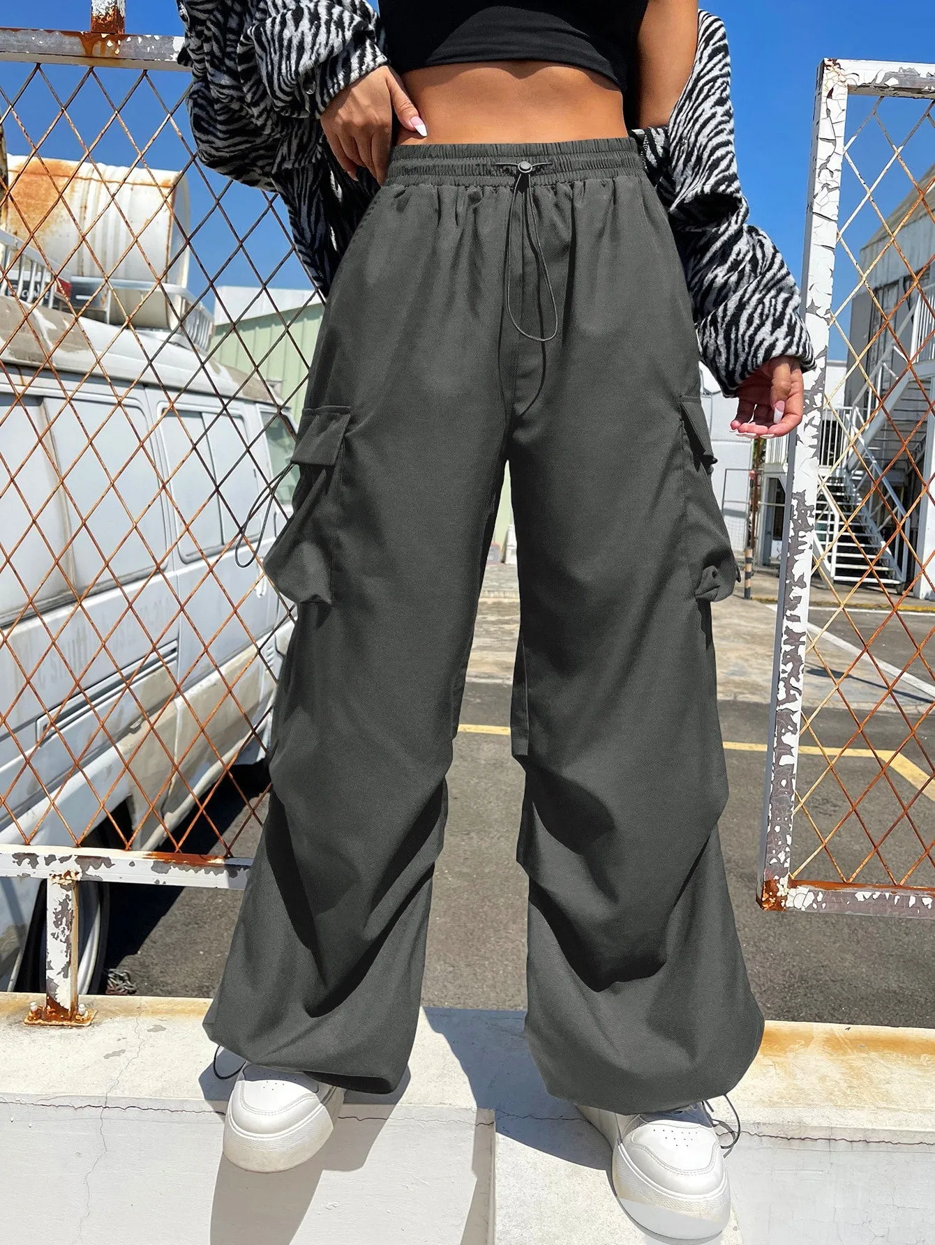 Drawstring Waist Flap Parachute Cargo Trousers