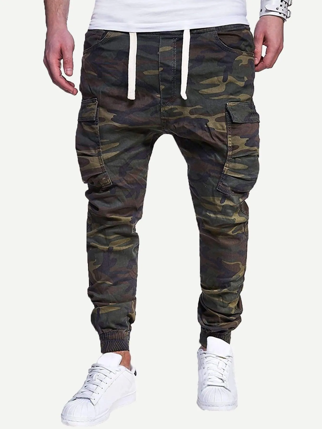 Drawstring Waist Pocket Detail Camo Print Sweatpants