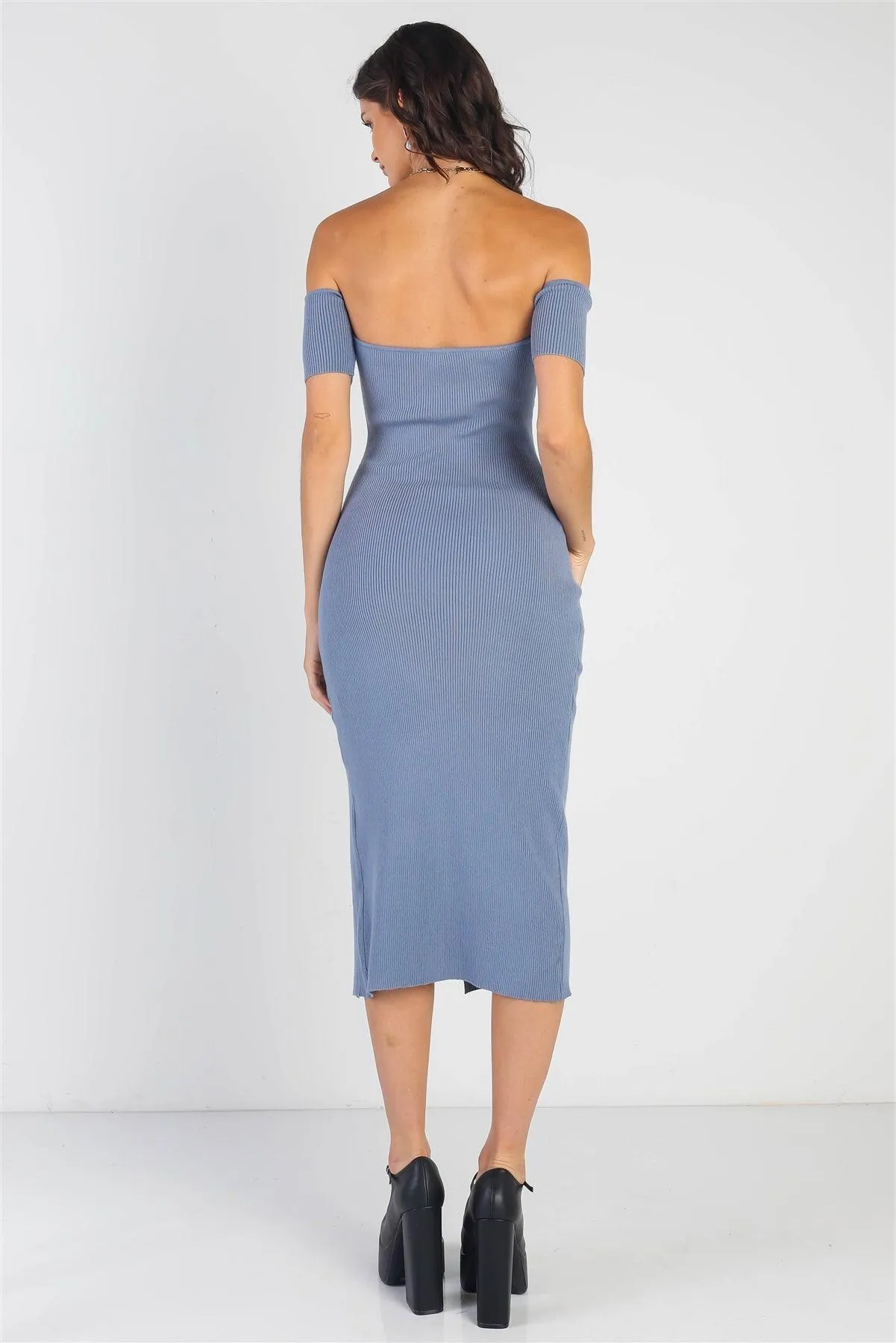 Dusty Blue Knit Off-The-Shoulder Side Slit Midi Dress /3-2-1