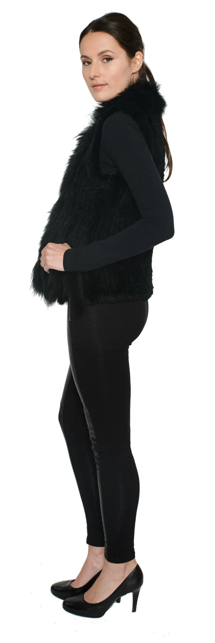 ESPERANZA - Knitted Rabbit Vest with Raccoon Trim and Fringe