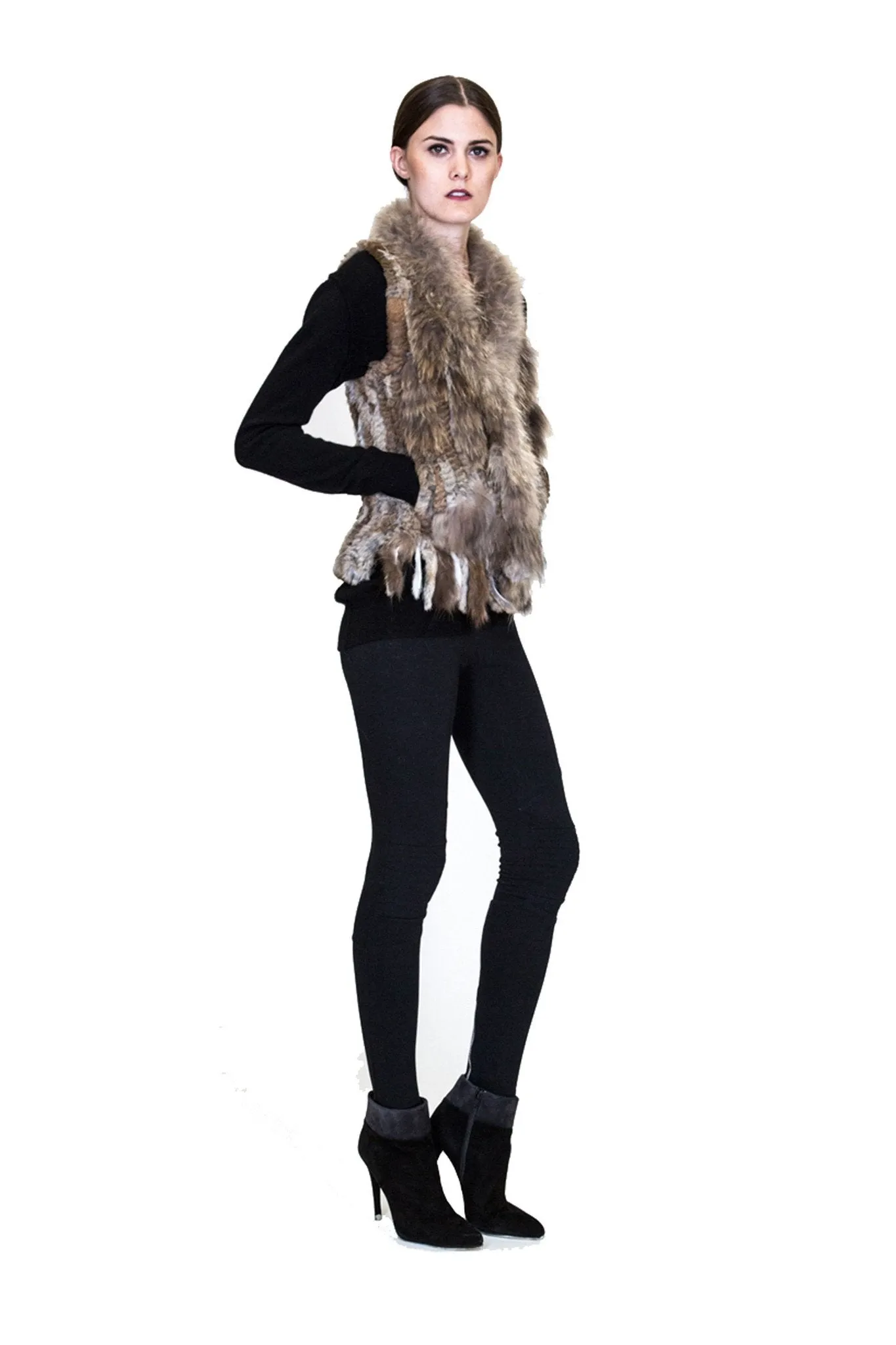 ESPERANZA - Knitted Rabbit Vest with Raccoon Trim and Fringe